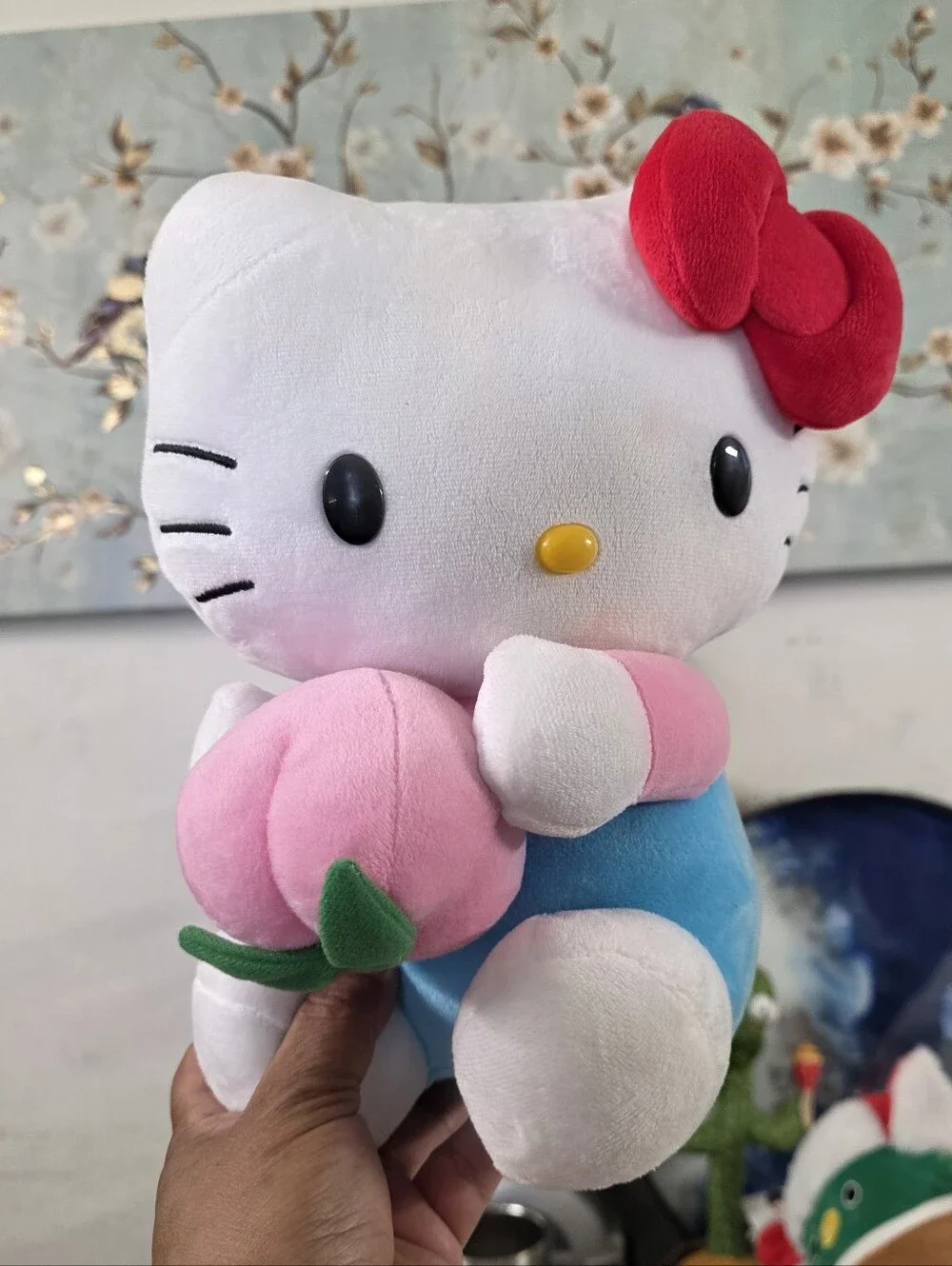 Hello Kitty White Plush with Red Bow, Pink Flower & Blue Outfit